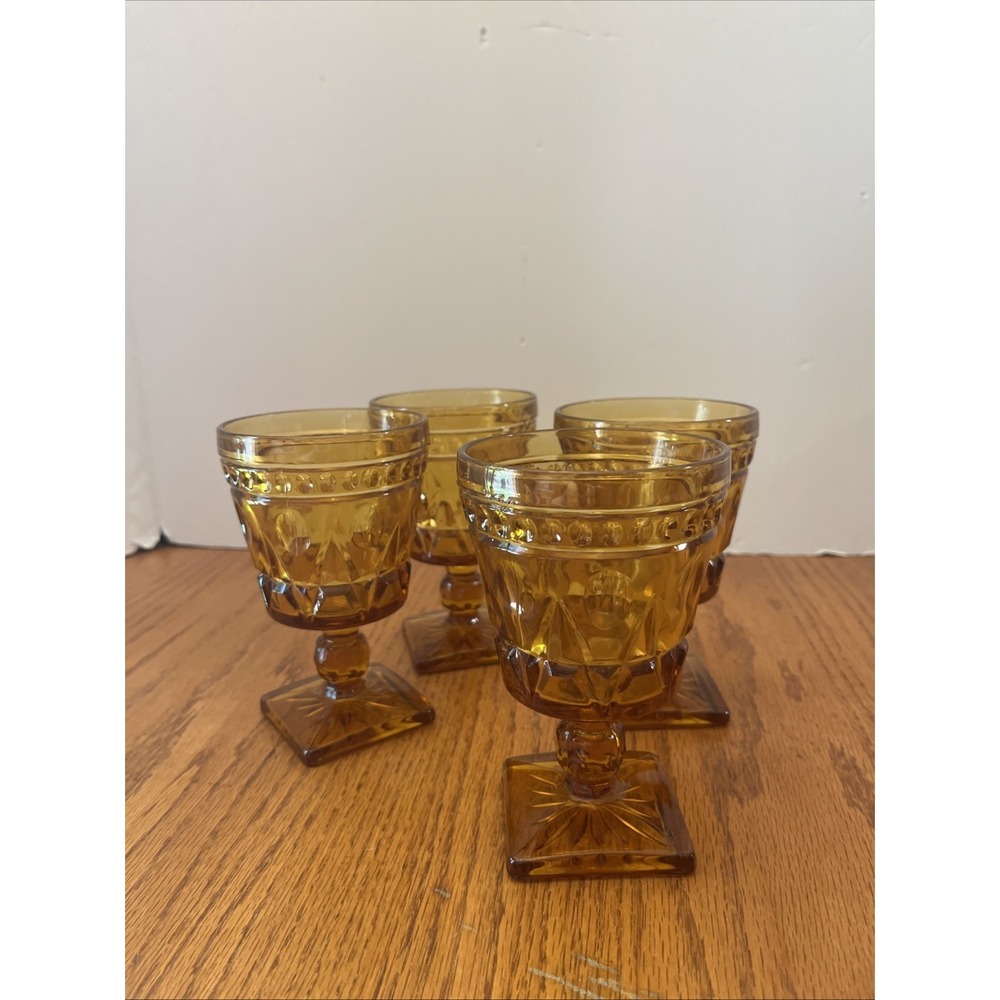 4 Vtg Amber Indiana Glass Colony Park Lane Footed Goblets Starburst Base
